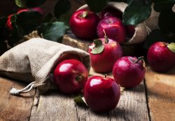 Kırmızı Elma: Kökleri Tarihe Uzanan Kırmızı Bir Miras, Bereketin, Sağlığın ve Kadim Bilgeliğin Kırmızı Elma ile Kutlanışı Red apples with drops on vintage wooden background, rustic style